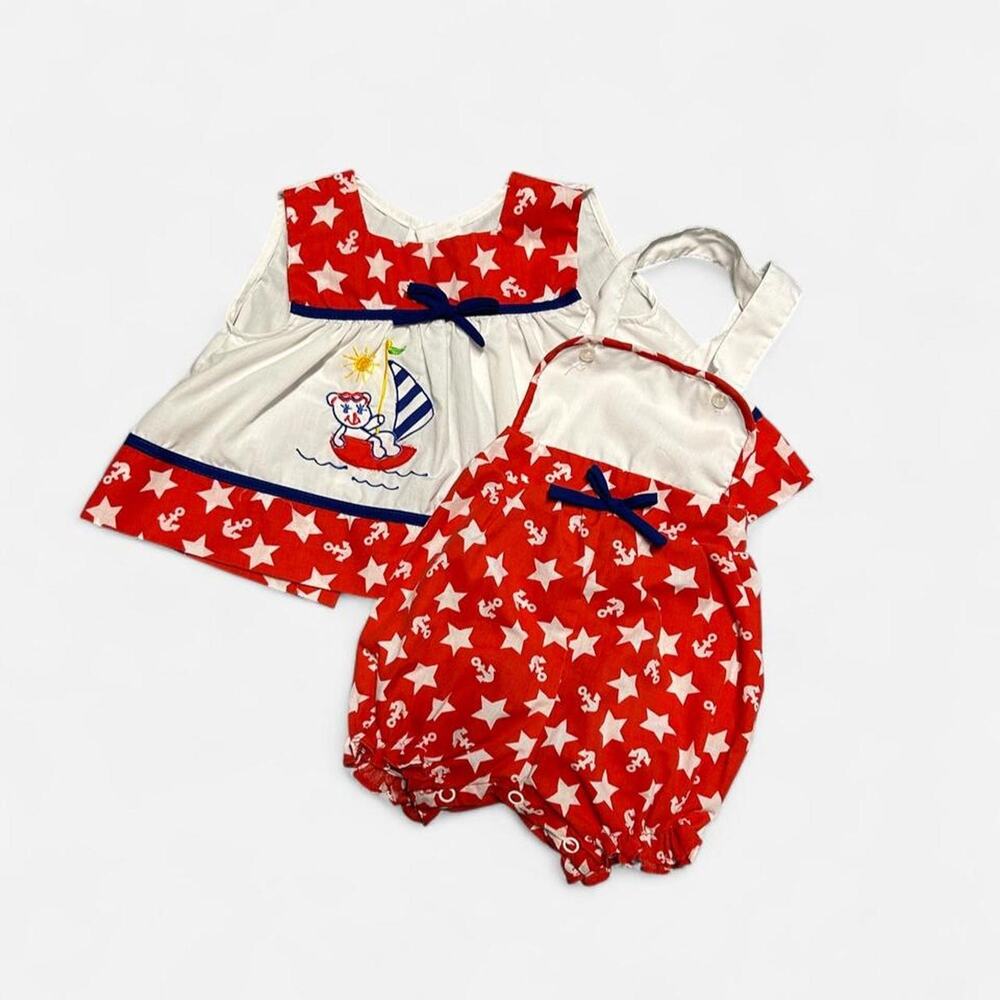 6-9 months vintage early 90s baby girl outfit patriotic nautical sailor overalls